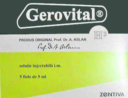 A green-and-white medicine carton labelled 'Gerovital H3', 'solutie injectabila i.m.', '5 fiole de 5 ml', with an 'H3' roundel, a facsimile signature of Prof. Dr. A. Aslan, and a 'ZENTIVA' maker mark.