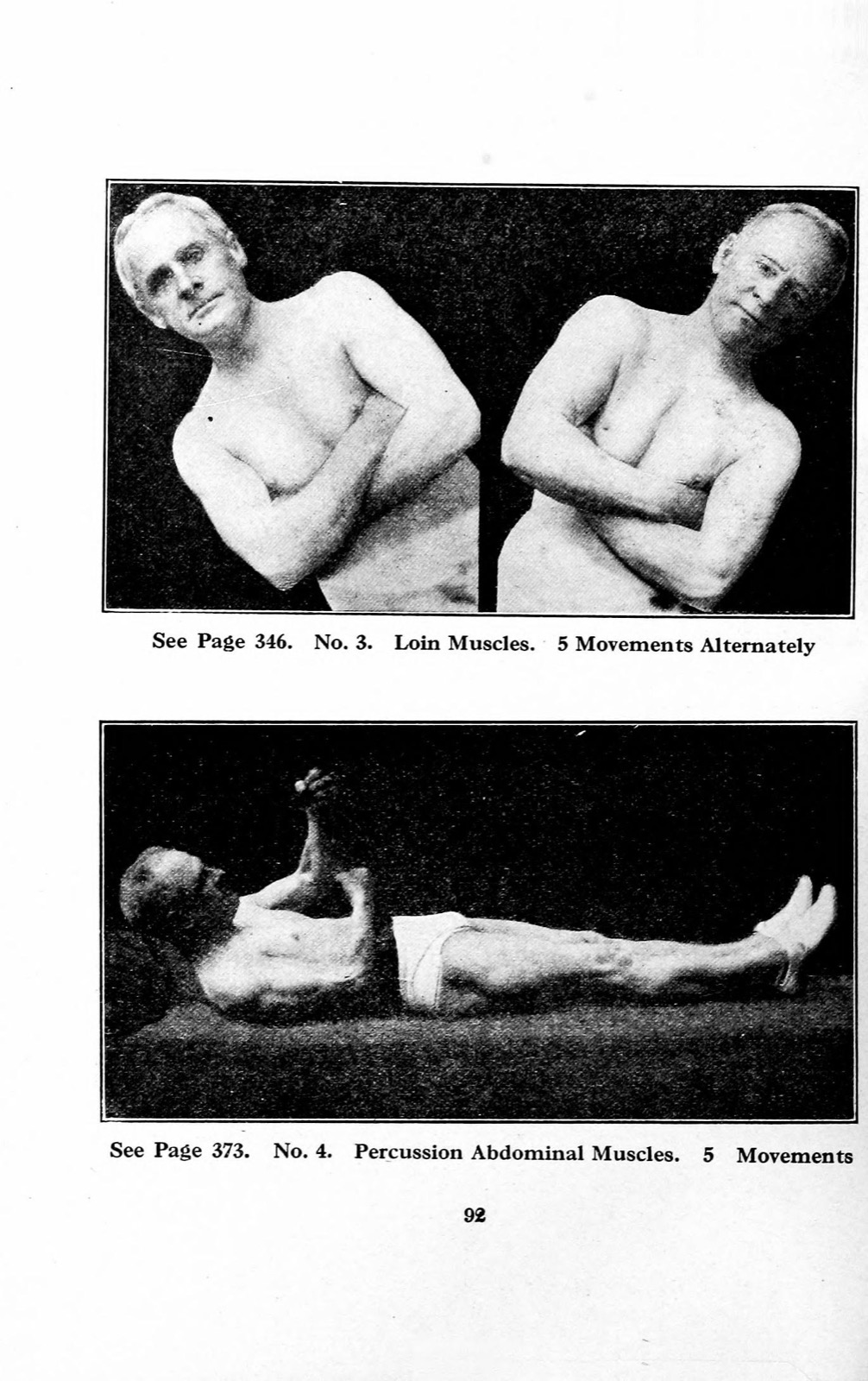 Two black-and-white photographs on one book page: above, a bare-chested older man standing with arms folded shown in two poses; below, the same man lying on his back on the floor demonstrating an abdominal exercise.