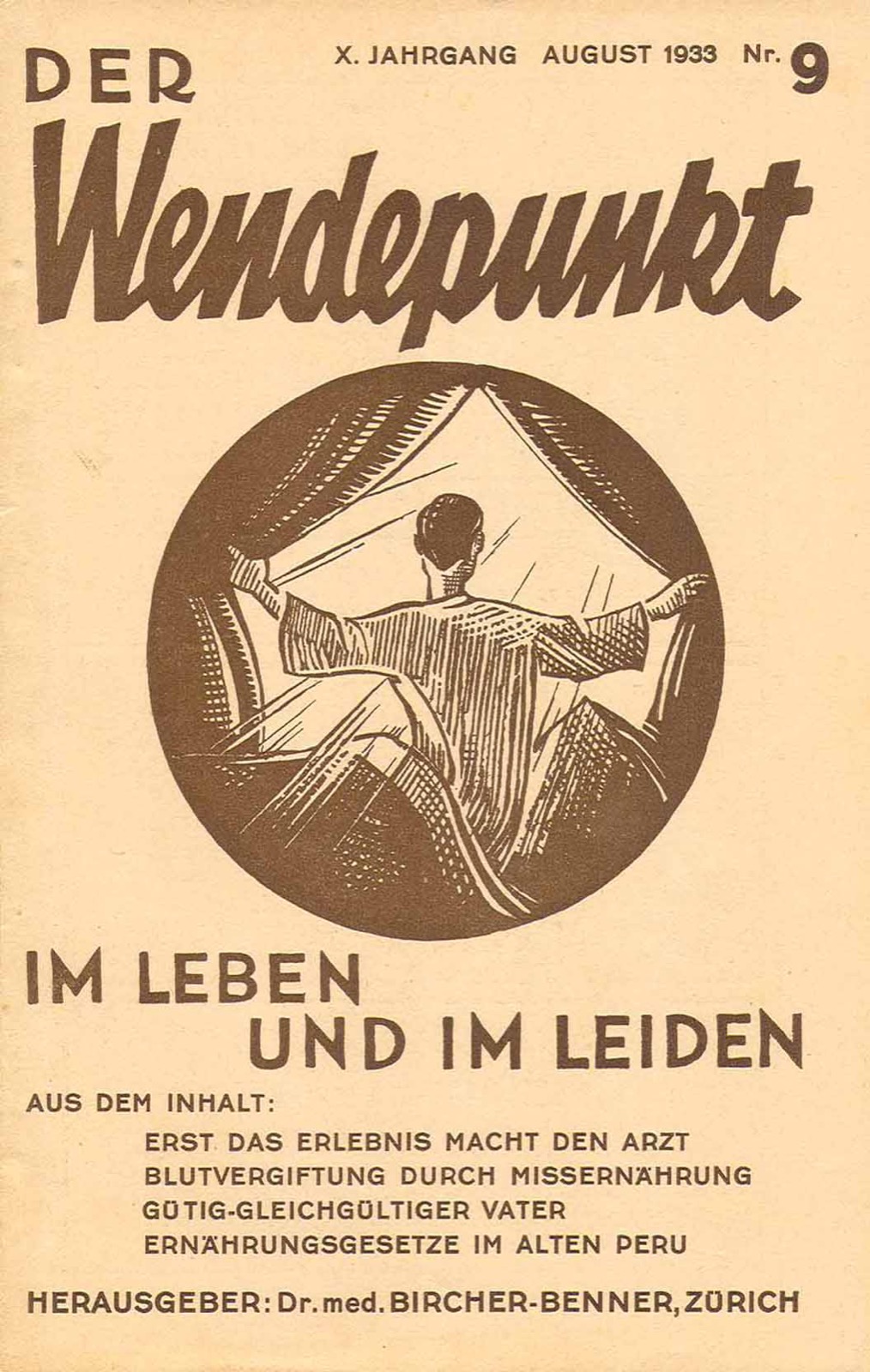 Printed journal cover with the masthead 'Der Wendepunkt', dated August 1933, with a contents list and a footer naming Dr. med. Bircher-Benner of Zurich as publisher.