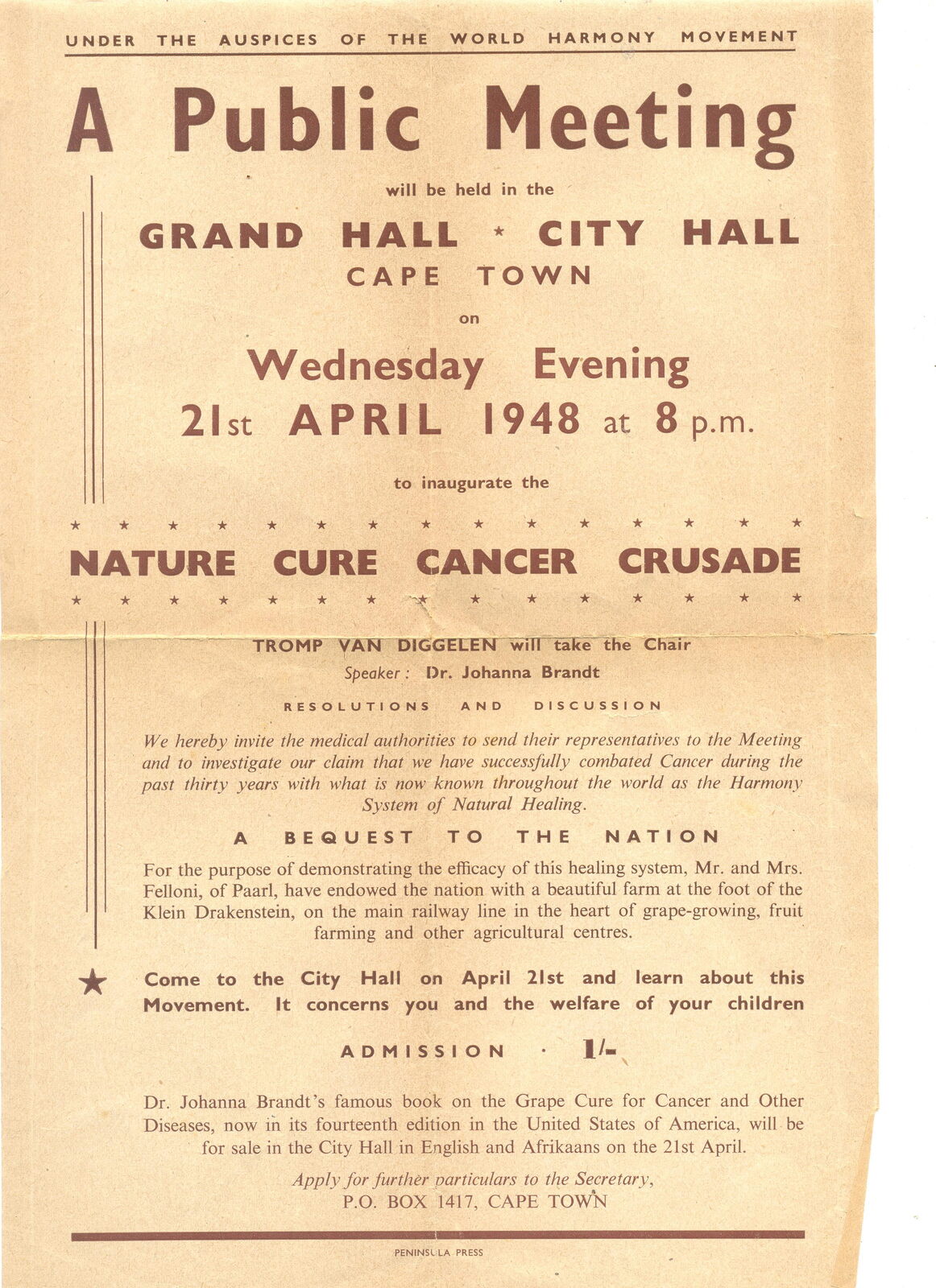 Printed handbill headed A Public Meeting, advertising a Cape Town City Hall event on 21 April 1948 to inaugurate the Nature Cure Cancer Crusade, naming Dr. Johanna Brandt as speaker and advertising her Grape Cure book.