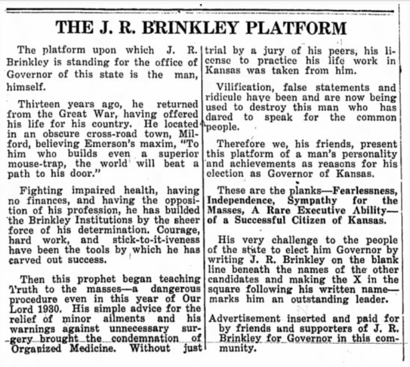A two-column newspaper-style political advertisement headed The J. R. Brinkley Platform, explaining how to write in J. R. Brinkley for governor of Kansas.