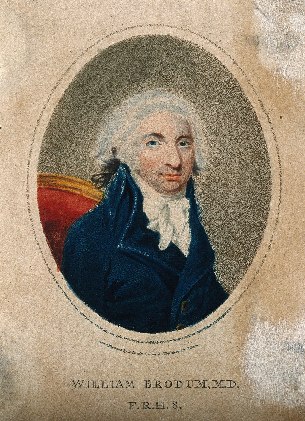 Oval coloured stipple-engraving portrait of a man in a dark blue coat and white cravat, seated against a red chair-back, with the engraved caption 'William Brodum, M.D.' beneath