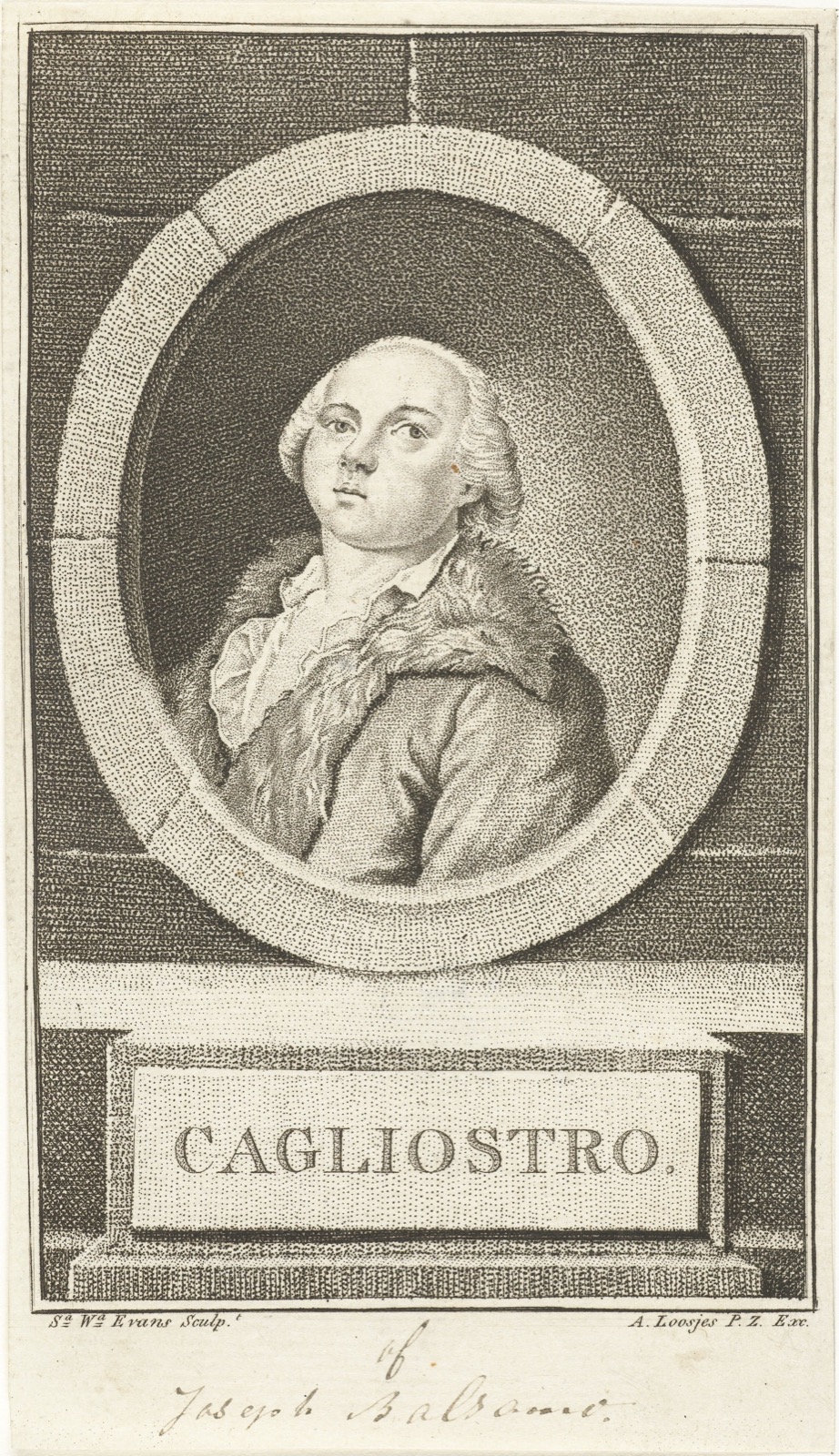 An engraved bust-length portrait of a man in eighteenth-century dress with curled, powdered hair, set within an oval medallion in a stone niche above a plinth lettered 'CAGLIOSTRO'.