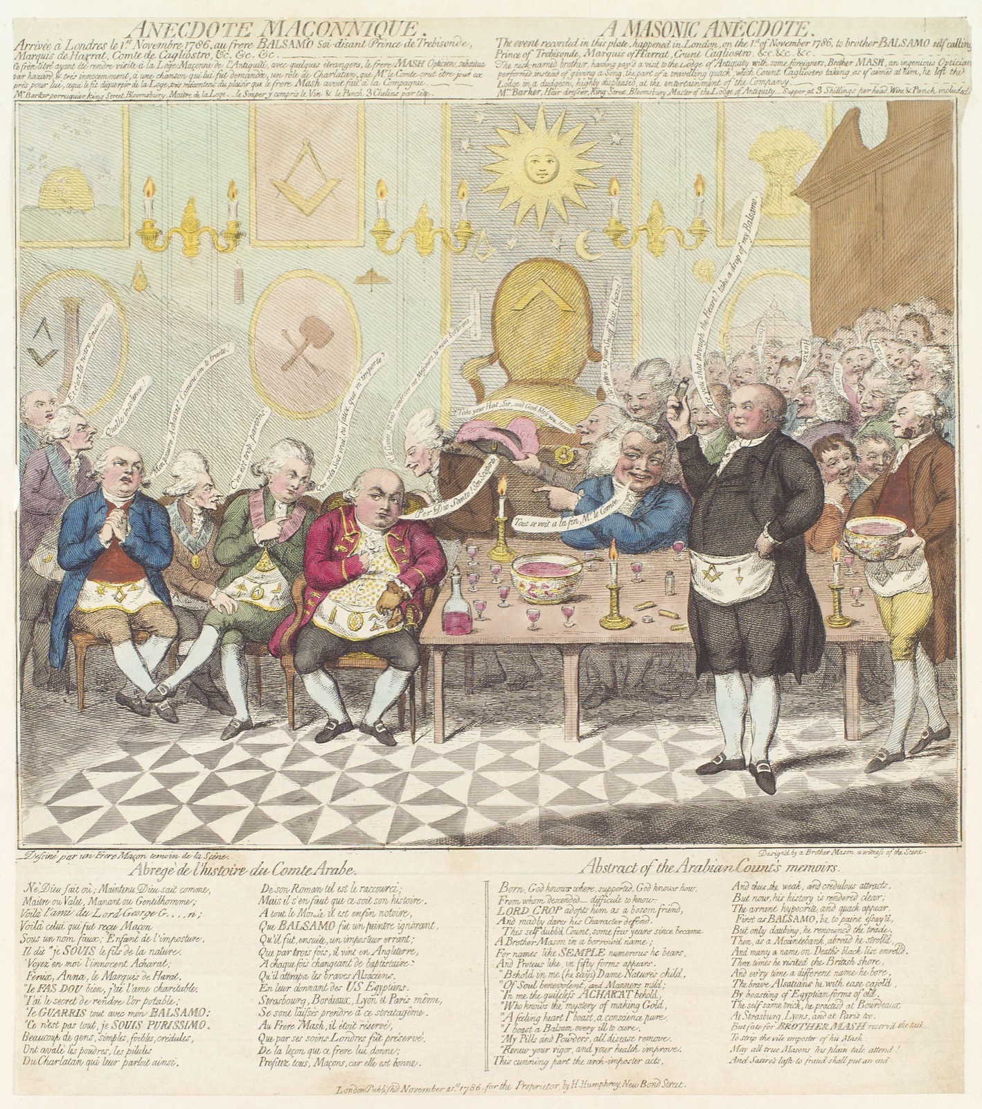 An eighteenth-century satirical etching of a crowded masonic banquet: a standing man at right addresses a long table of caricatured diners beneath a radiant sun and masonic emblems, with two columns of engraved verse below and a bilingual French and English title.