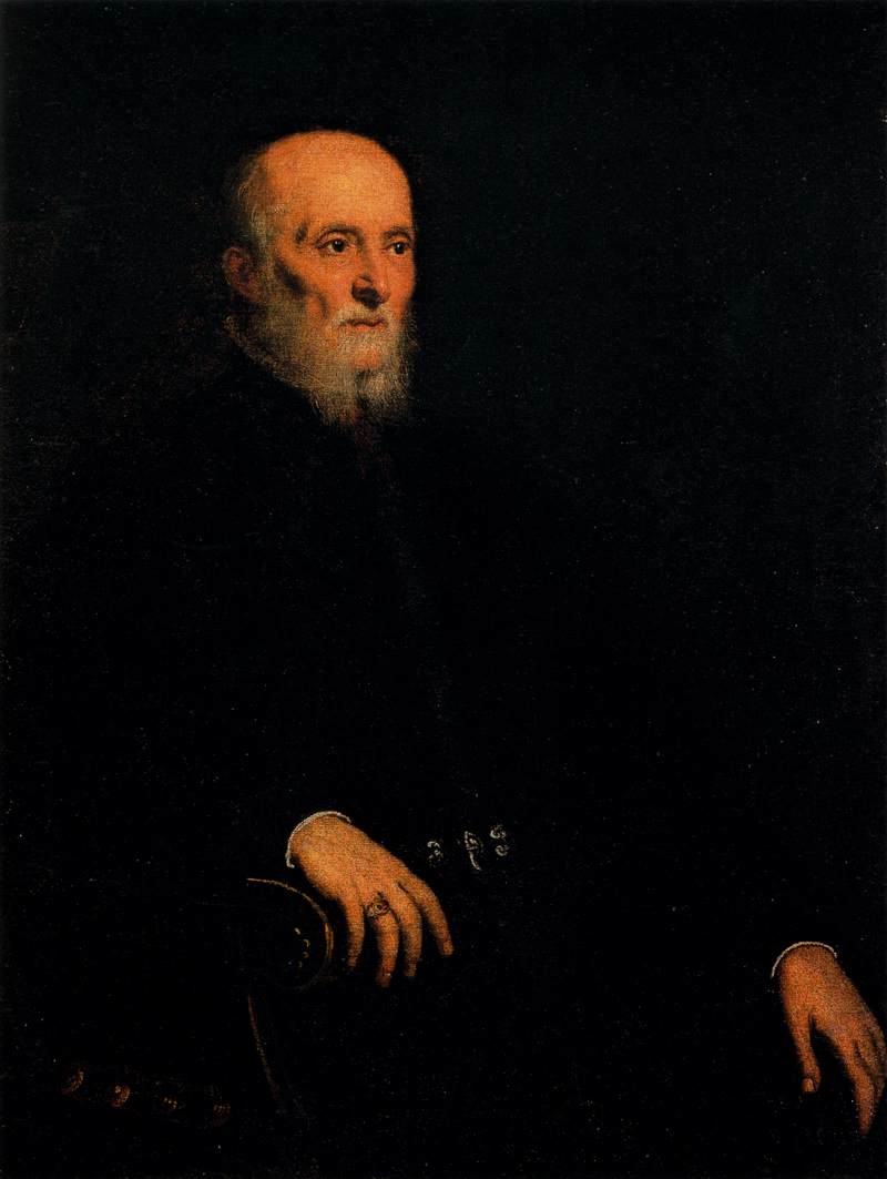 Oil portrait of an elderly bearded man, Luigi Cornaro, in dark robes against a dark background, one hand resting before him.