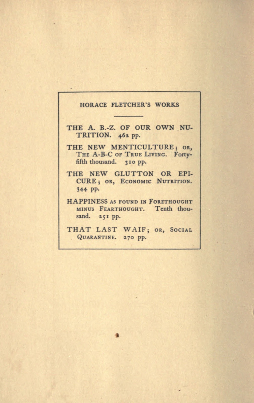 Printed title page within a ruled border reading 'The New Glutton or Epicure, by Horace Fletcher, New York, Frederick A. Stokes Company, 1906'.