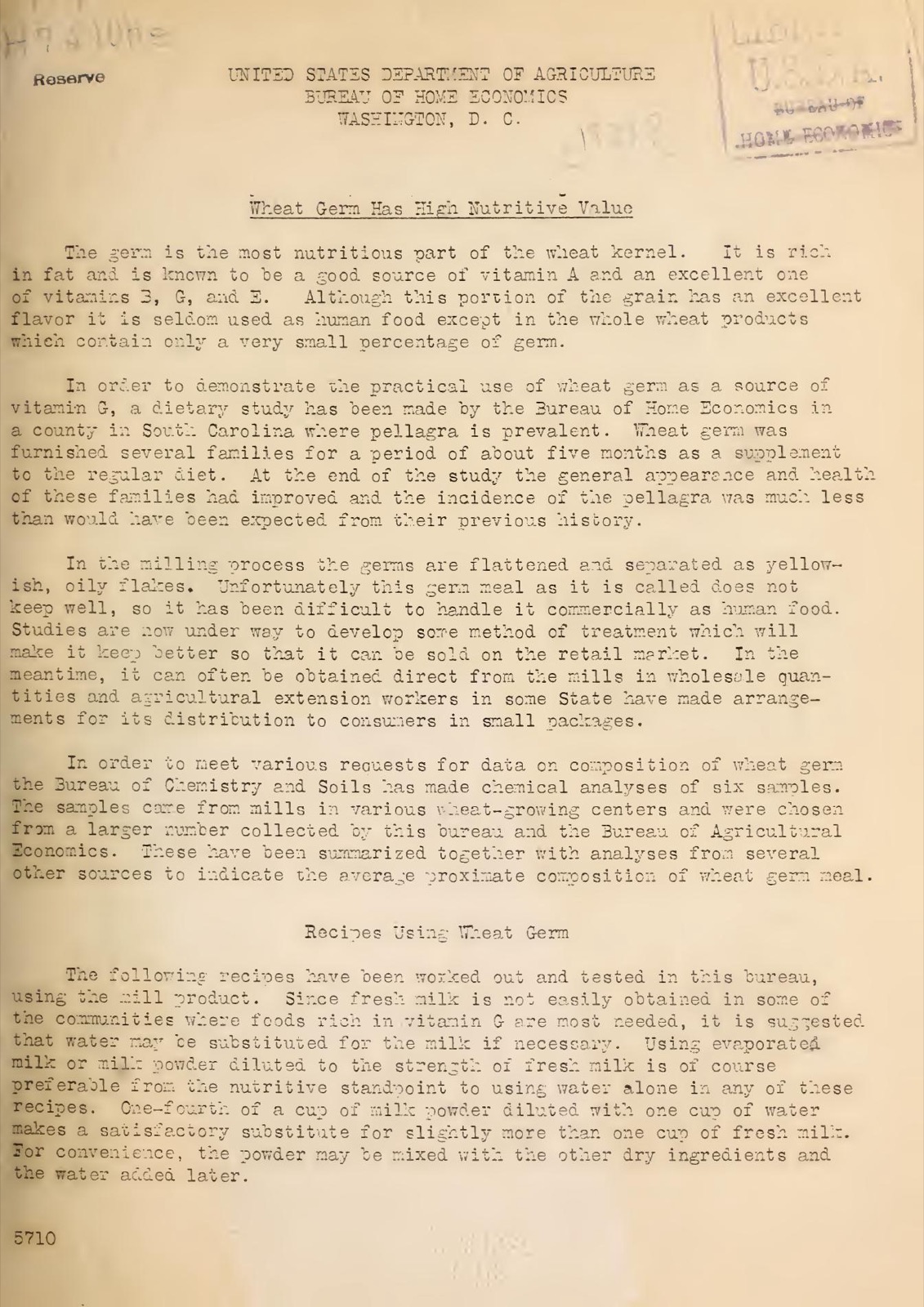 First text page of a 1931 U.S. Bureau of Home Economics leaflet titled Wheat Germ Has High Nutritive Value