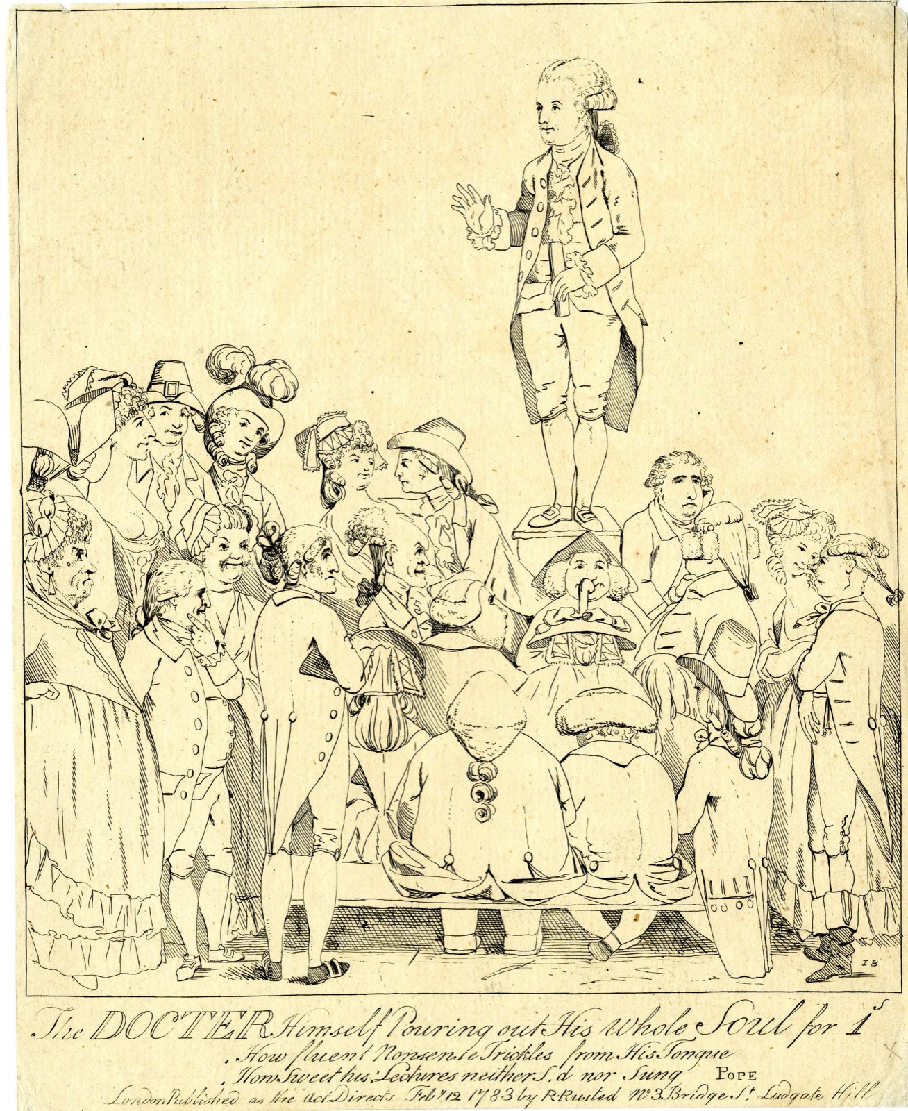 Satirical etching of a single standing speaker raised on a small platform above a tightly packed crowd of well-dressed men and women in 18th-century dress, hands raised in an oratorical gesture; title and publication line in script along the lower edge, dated 12 February 1783.