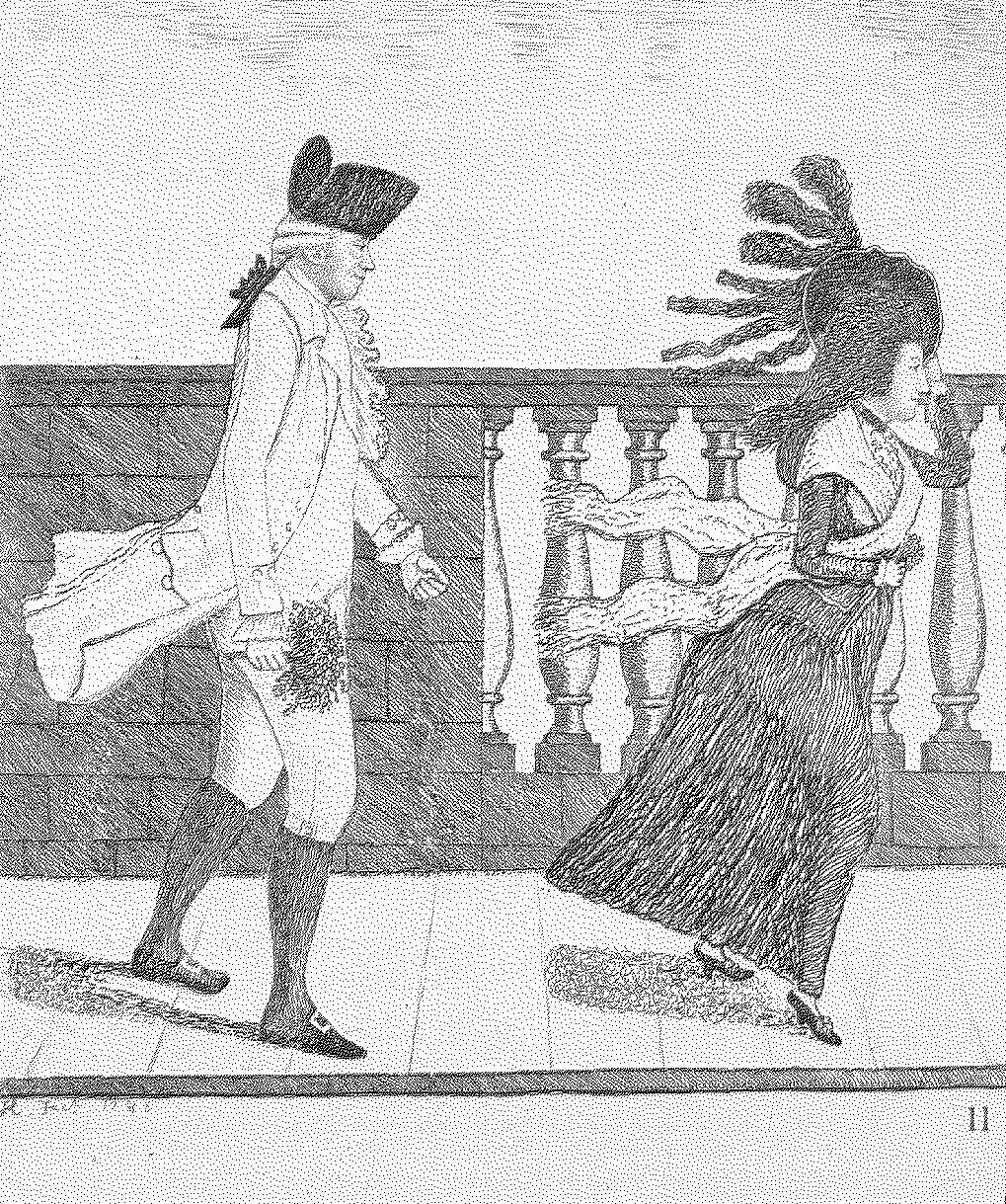 Caricature etching of a man in a tricorn hat and breeches striding along a stone bridge balustrade in high wind, with a woman behind him whose tall feathered hair and long skirt blow sideways; the plate is numbered in the lower right.