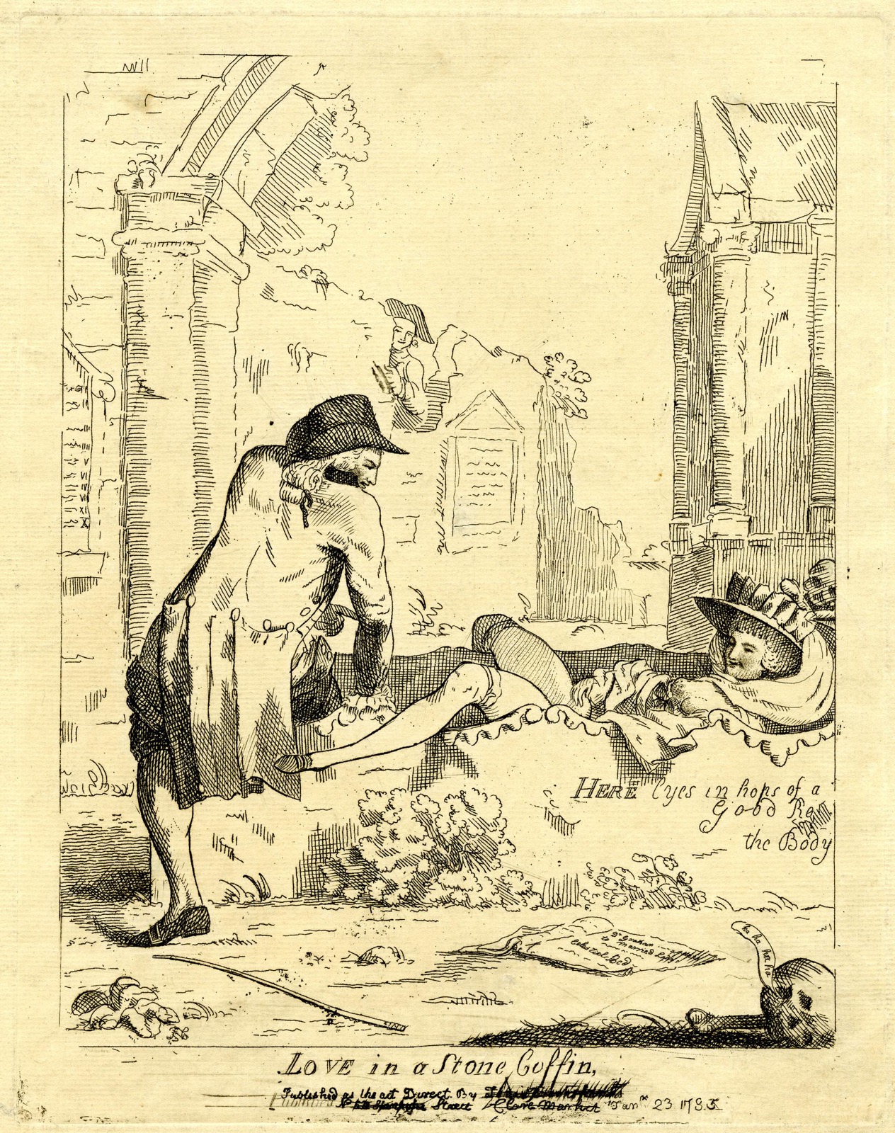 Satirical etching titled 'Love in a Stone Coffin' showing a man in a wide-brimmed hat leaning over an open stone tomb in a churchyard, a reclining figure beside it speaking from a small balloon of text, and scattered papers and a skull on the ground in front; architectural ruins and gravestones behind.