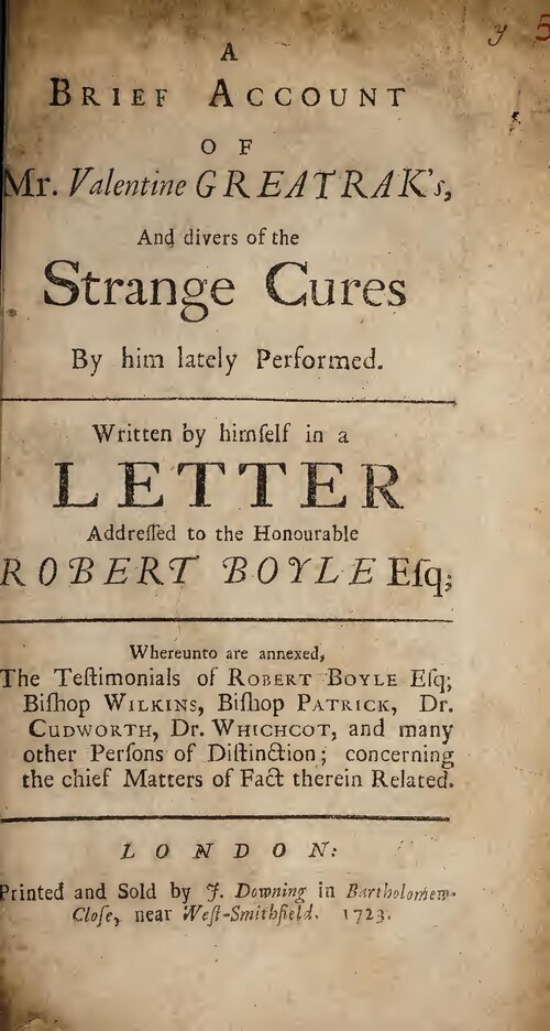18th-century typeset title page for A Brief Account of Mr. Valentine Greatrak's, addressed to the Honourable Robert Boyle Esq, printed and sold by J. Downing, dated 1723.