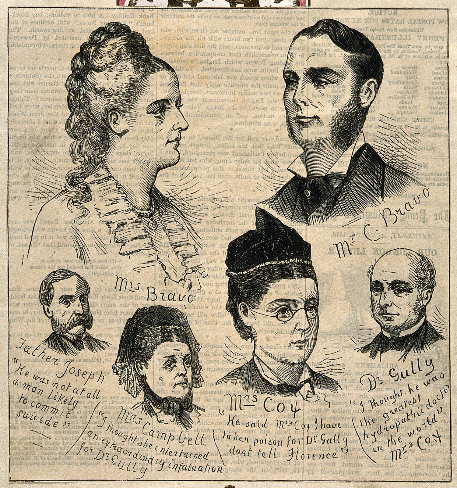 Six-figure composite wood engraving with individual portrait vignettes of figures connected with the inquest and handwritten-style excerpts of testimony, including a small bottom-right portrait of a balding man identified as Dr Gully.