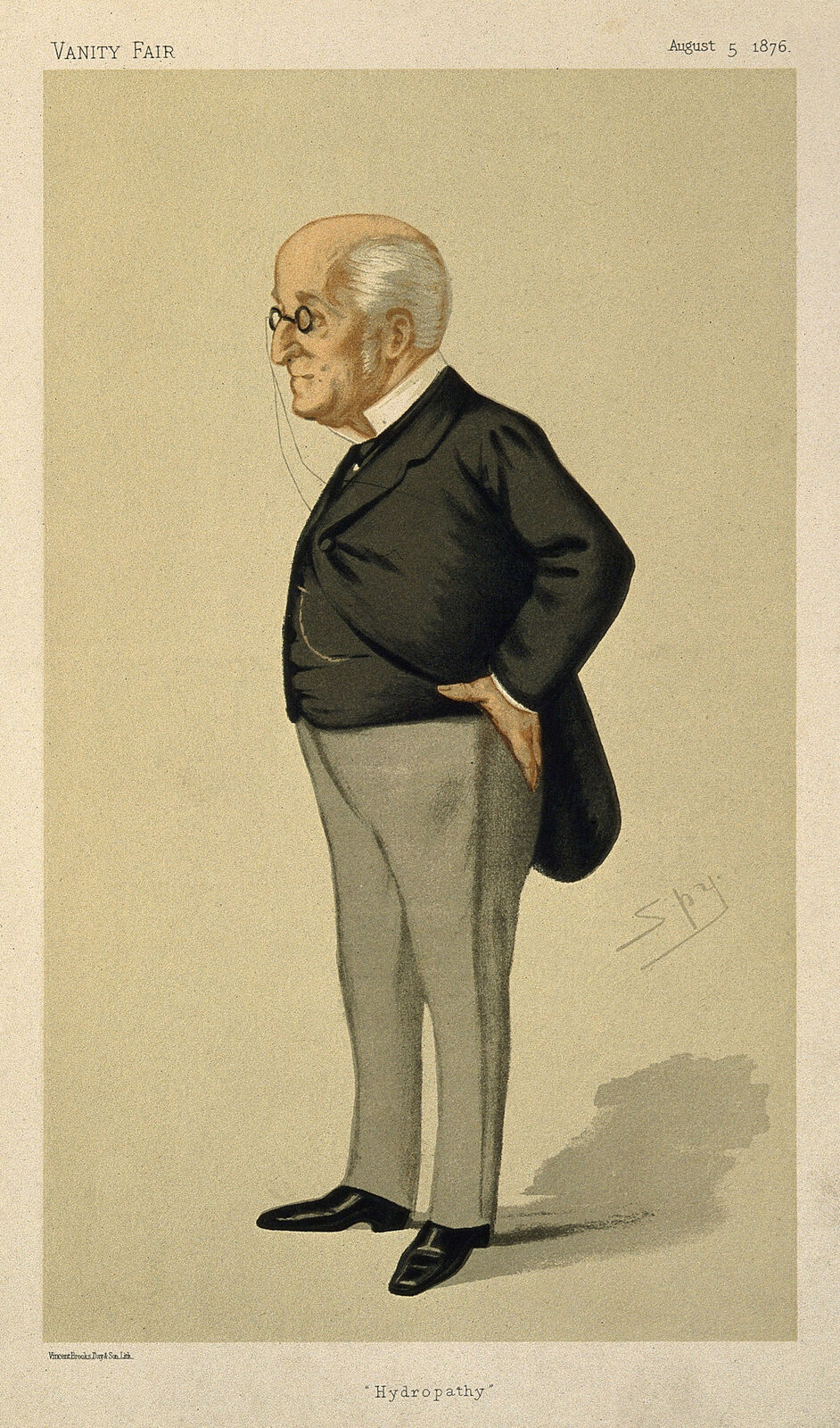 Full-length colour caricature, shown in profile, of a balding, clean-shaven elderly man with white hair and round spectacles, wearing a black coat and grey trousers, with his hands clasped behind his back, captioned 'Hydropathy,' in the satirical exaggerated style of Vanity Fair caricatures.