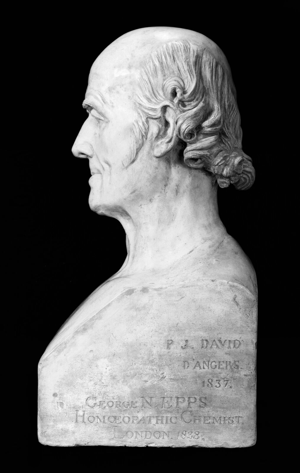 Profile plaster bust of Samuel Hahnemann, bald with hair curling at the nape, on an inscribed plinth