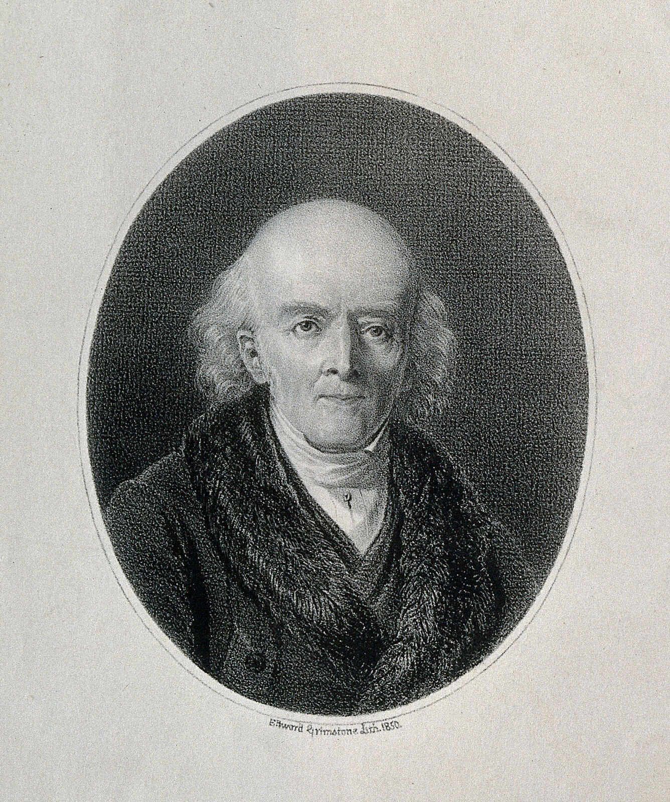 Oval bust-length portrait of an elderly Samuel Hahnemann in a fur-collared coat, facing slightly right