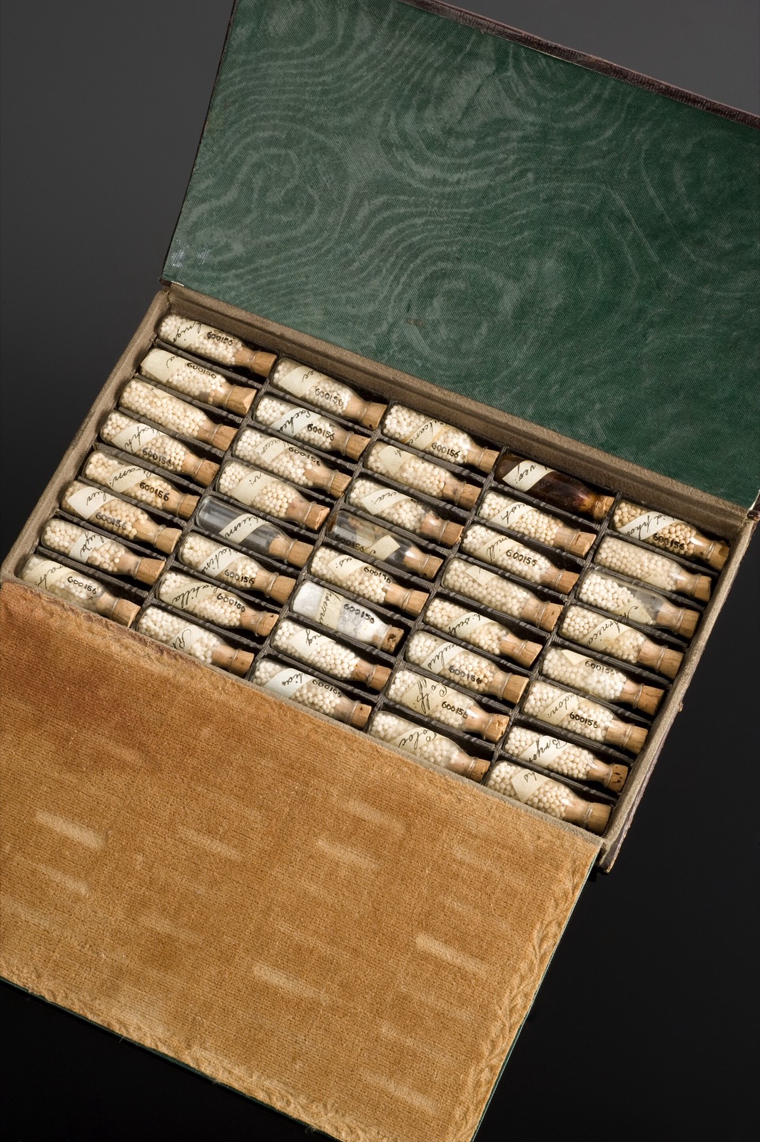 Open homeopathic medicine chest with rows of small corked glass vials of white medicated granules