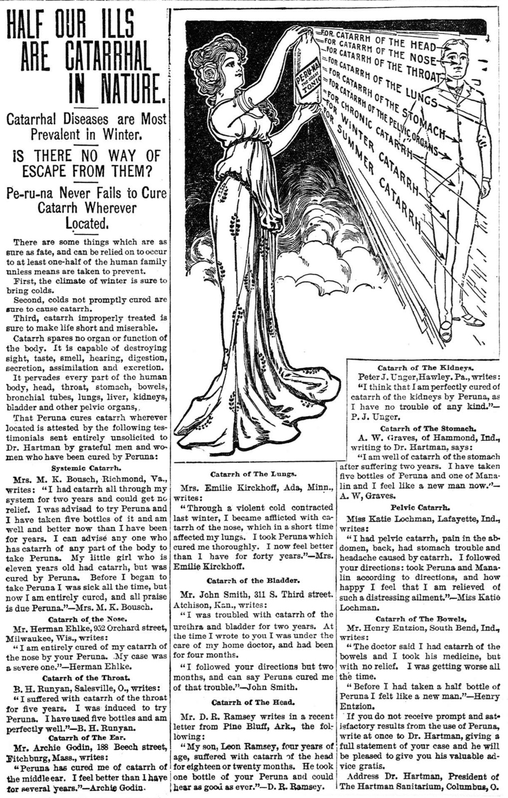 A full-page 1902 newspaper advertisement headlined 'Half Our Ills Are Catarrhal in Nature,' with an illustration of a woman holding a bottle of Peruna, rays of light connecting it to a man's body labeled with catarrh of the head, nose, throat, lungs, stomach, and pelvic organs, surrounded by columns of small print reader testimonials.