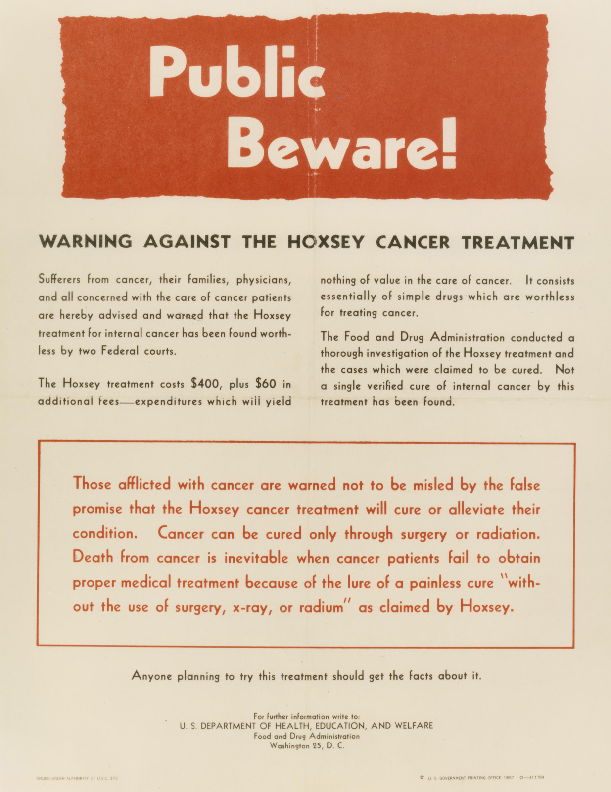 A 1957 U.S. Food and Drug Administration flyer headed Public Beware! in white text on a torn red banner, with the subheading Warning Against the Hoxsey Cancer Treatment and two columns of printed warning text below.