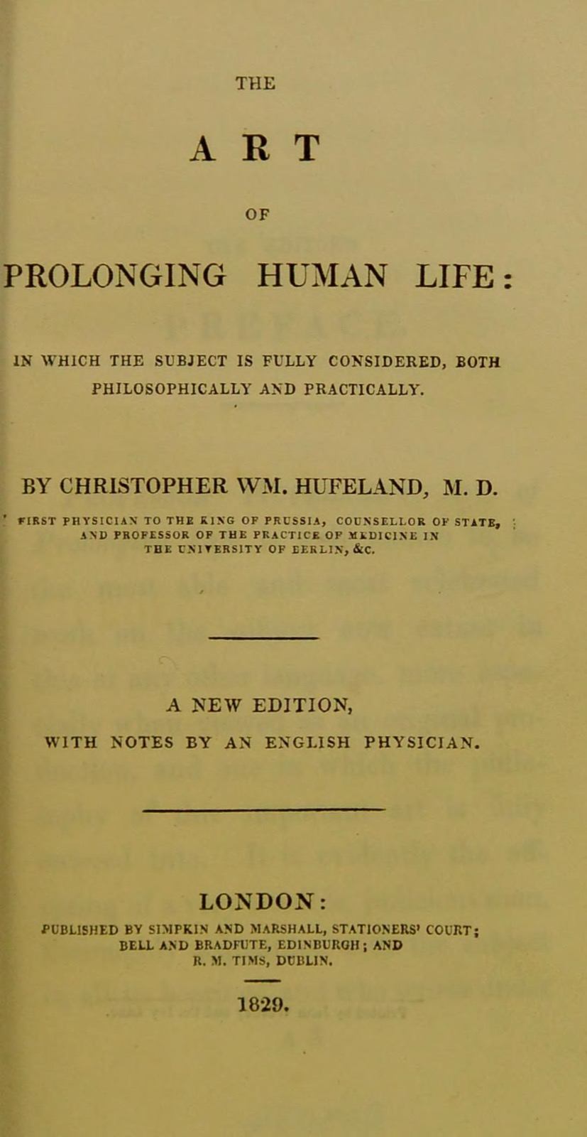 Aged title page reading 'The Art of Prolonging Human Life' by Christopher William Hufeland, with a London imprint.