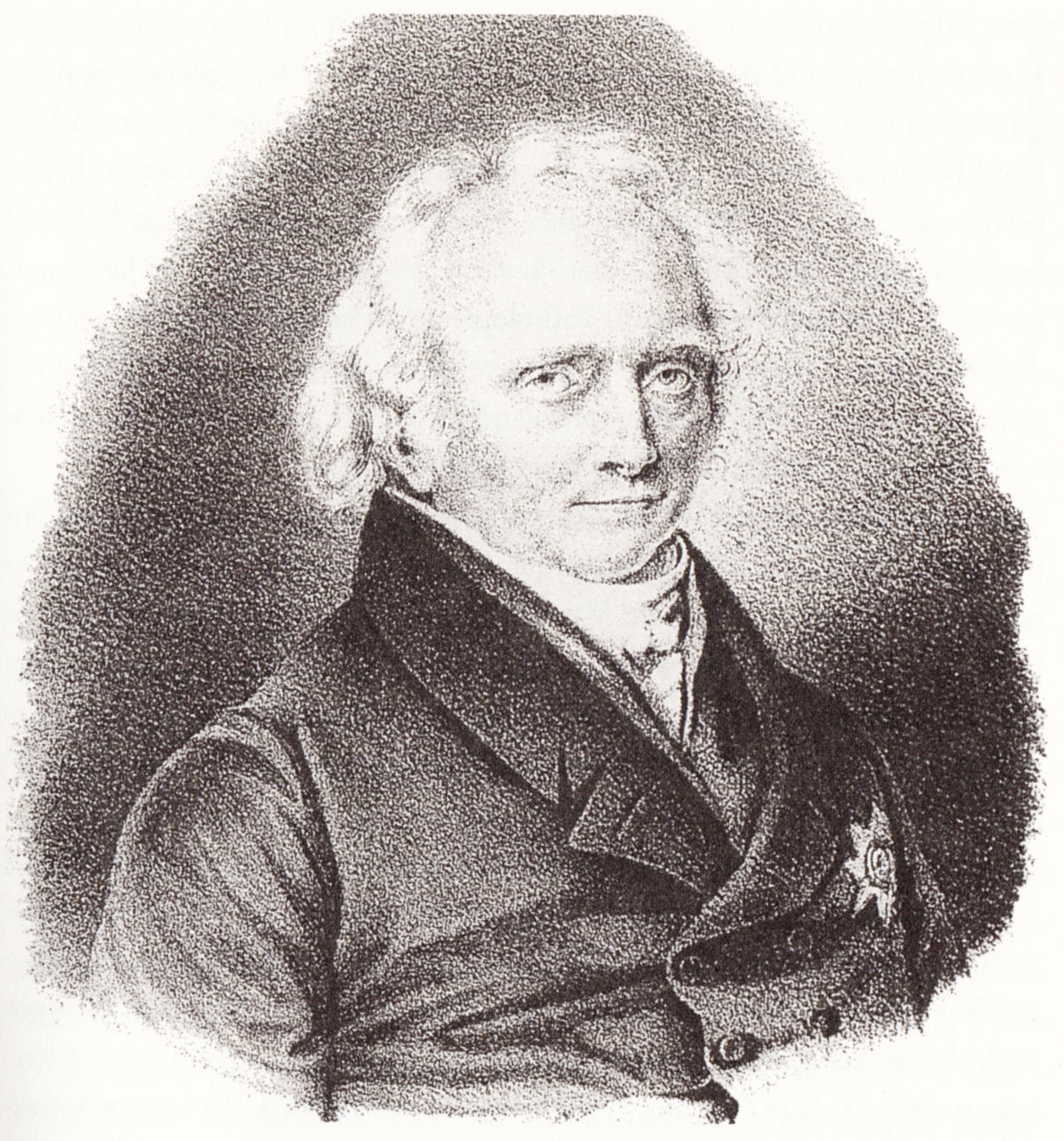 Portrait print of Christoph Wilhelm Hufeland, a light-haired man in a dark coat, shown bust-length and facing forward.