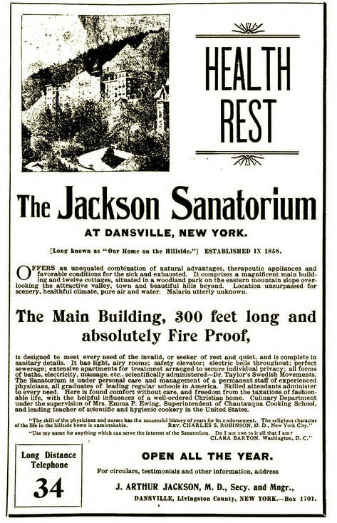 Period black-and-white printed illustration of a large brick institutional building with towers, from a nineteenth-century medical trade directory page, accompanied by a printed listing.