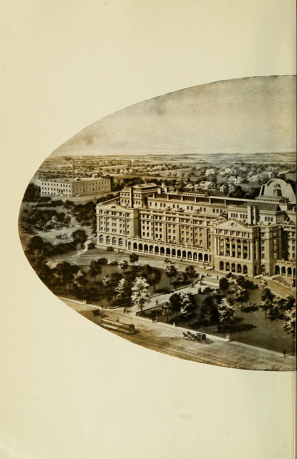 Tinted oval book plate showing an elevated bird's-eye view of a large sanitarium complex with grounds, a streetcar, and outbuildings.