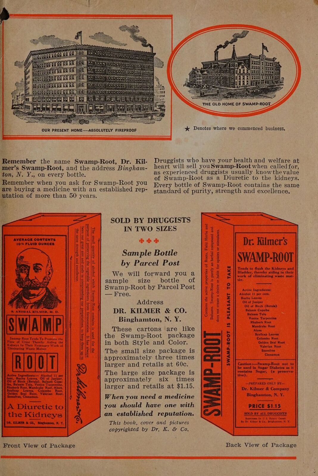 An almanac page showing front and back views of a Swamp-Root retail carton, printed with a bust portrait labelled 'S. Andral Kilmer, M.D.,' beside two separate engravings of the company's Binghamton factory buildings.