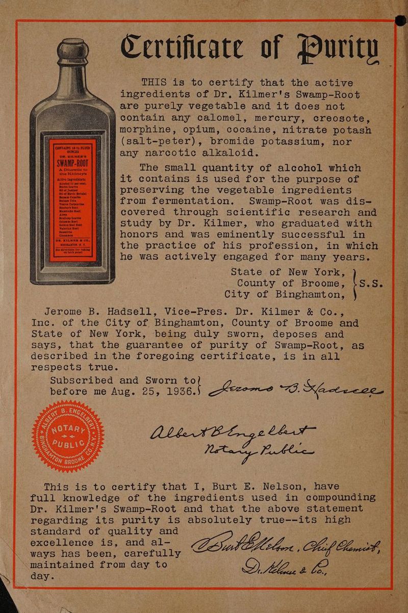 A notarized 1936 'Certificate of Purity' document listing the product's ingredients and crediting Dr. Kilmer with discovering Swamp-Root through scientific research and being actively engaged in his profession for many years.