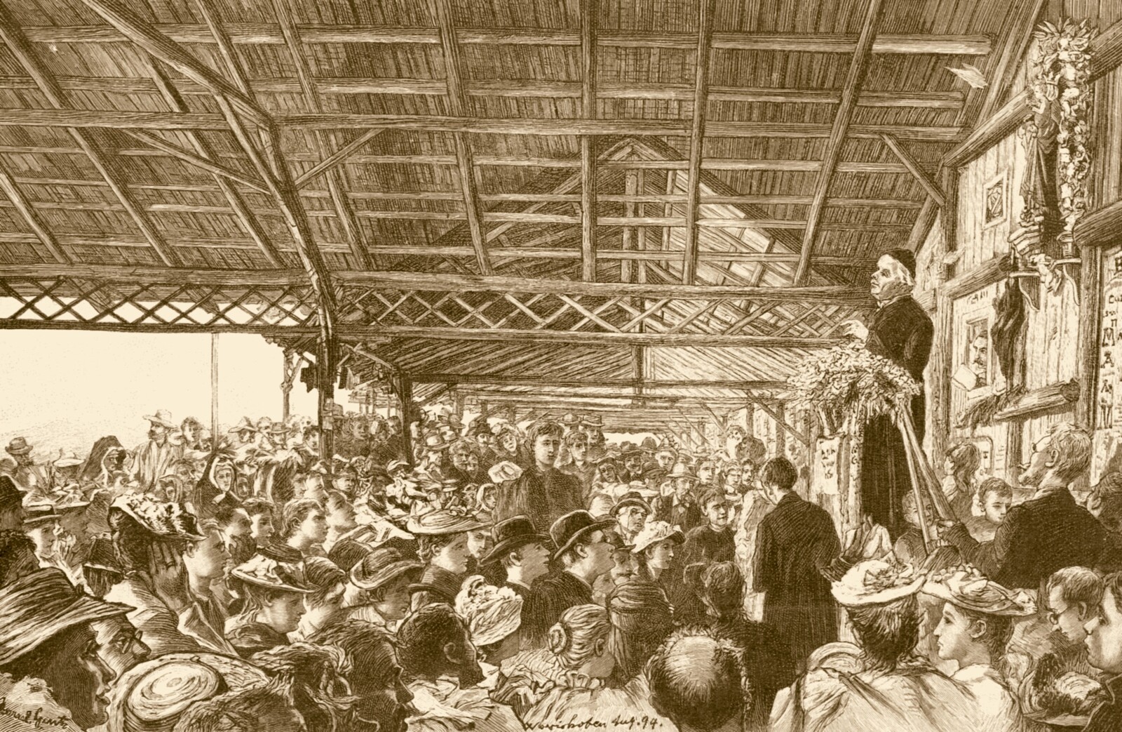 Wood engraving of a robed figure speaking from a raised platform under a timber pavilion to a large seated crowd of men and women in period dress.