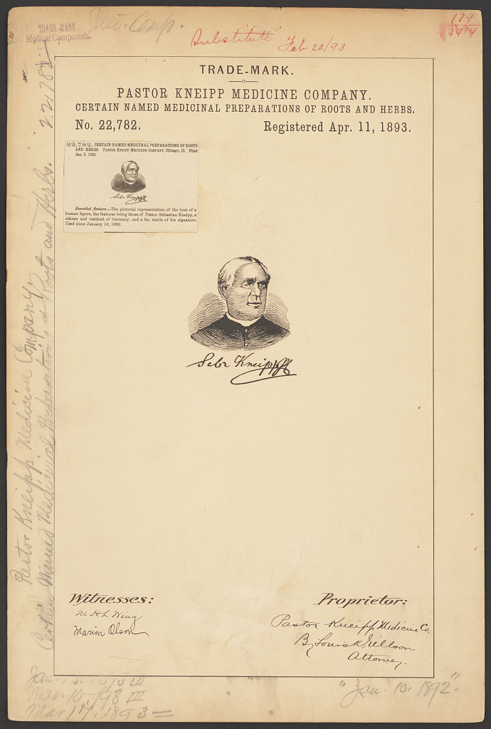 Aged trademark registration document naming the Pastor Kneipp Medicine Company and its medicinal preparations of roots and herbs, with a small engraved portrait of a bearded man in clerical collar and handwritten annotations in the margins.