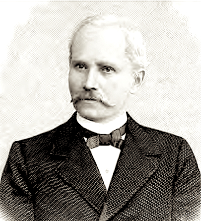Head-and-shoulders portrait of a man with light hair and a large mustache, wearing a dark coat, bow tie, and high white collar, reproduced as a book frontispiece.