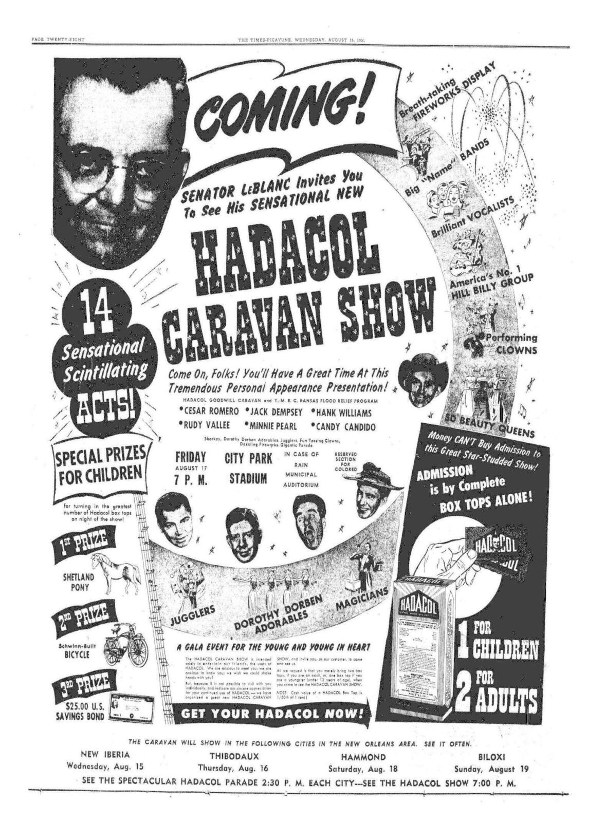 A full-page 1951 newspaper advertisement inviting readers to Senator LeBlanc's sensational new Hadacol Caravan Show, with a portrait of a balding, bespectacled man beside the headline, a list of touring performers, prize illustrations (a pony, a bicycle, a savings bond), and text stating admission is by Hadacol box tops alone.