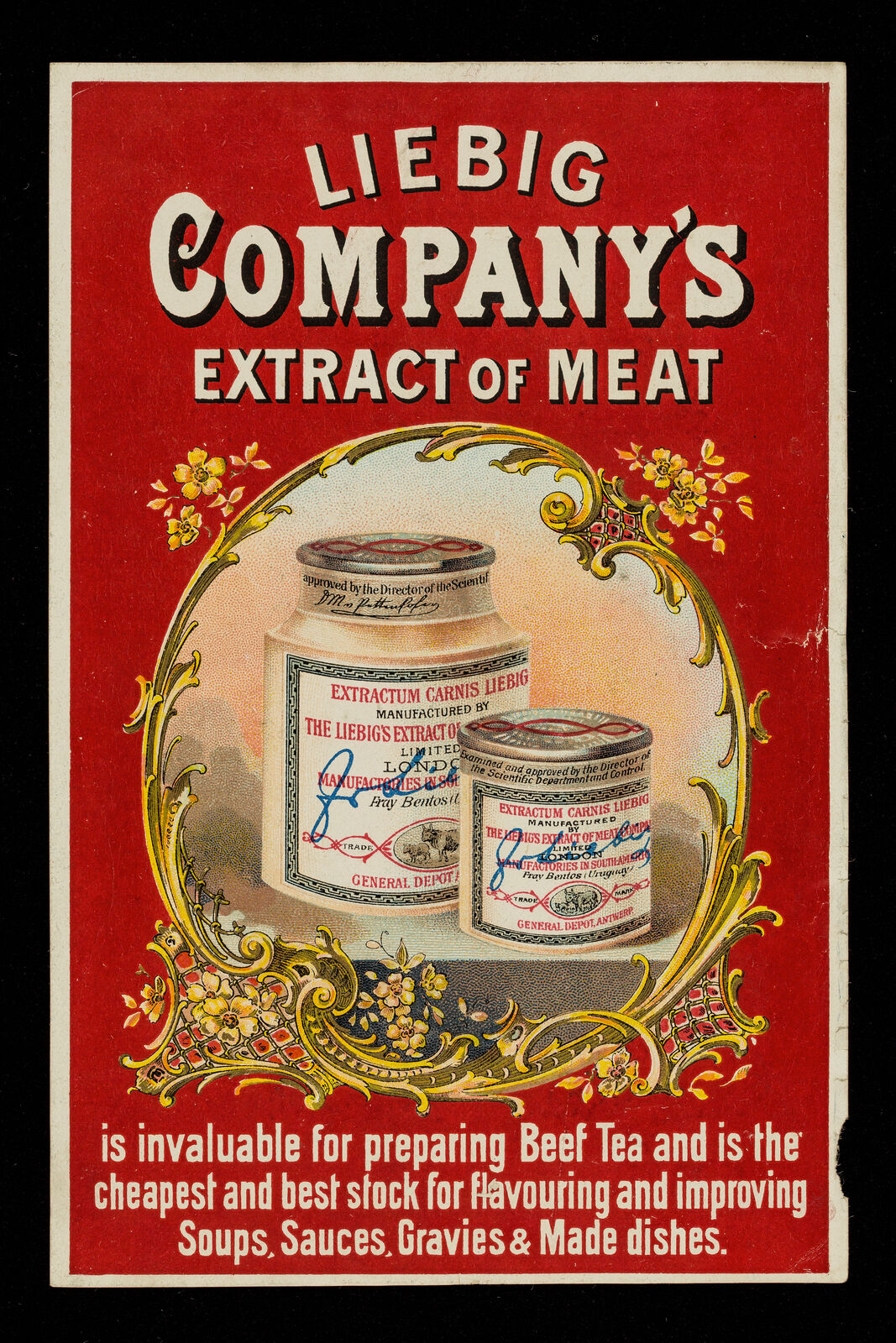 LEMCO magazine insert showing two sizes of Extractum carnis Liebig product jars against a ruby-red ground with a gold floral border, advertising the extract for beef tea and cooking