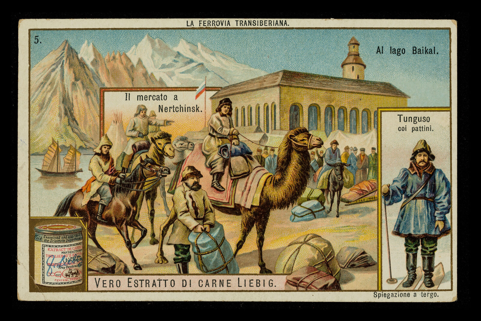 Chromolithographed Liebig trade card showing three vignettes from the Trans-Siberian Railway series: the Nertchinsk market, Lake Baikal, and a Tungus figure on skates, with Italian captions and the LEMCO product tin