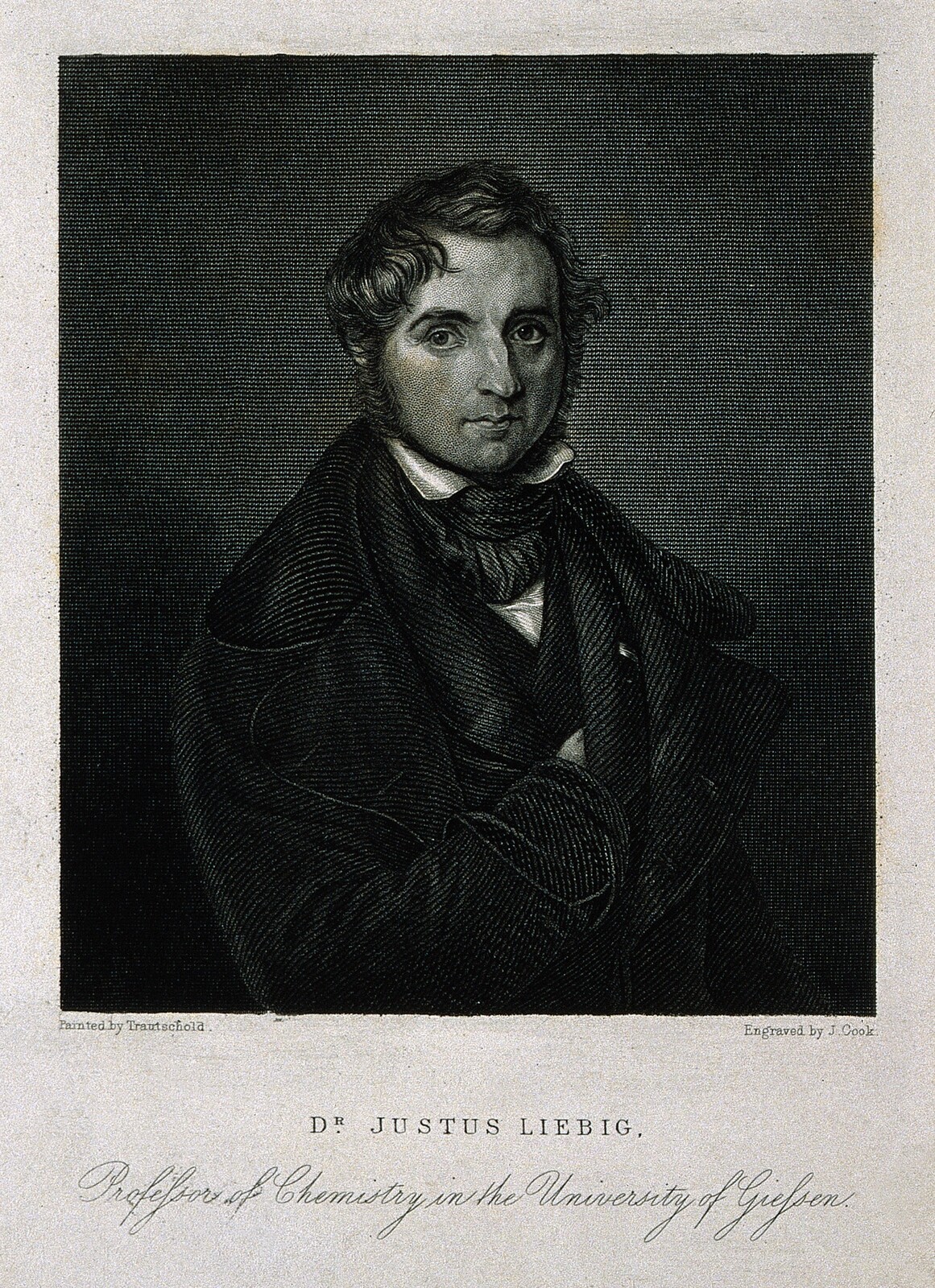 Stipple engraving of Justus von Liebig in a formal half-length portrait, facing left, with the caption 'Dr Justus Liebig, Professor of Chemistry in the University of Giessen'