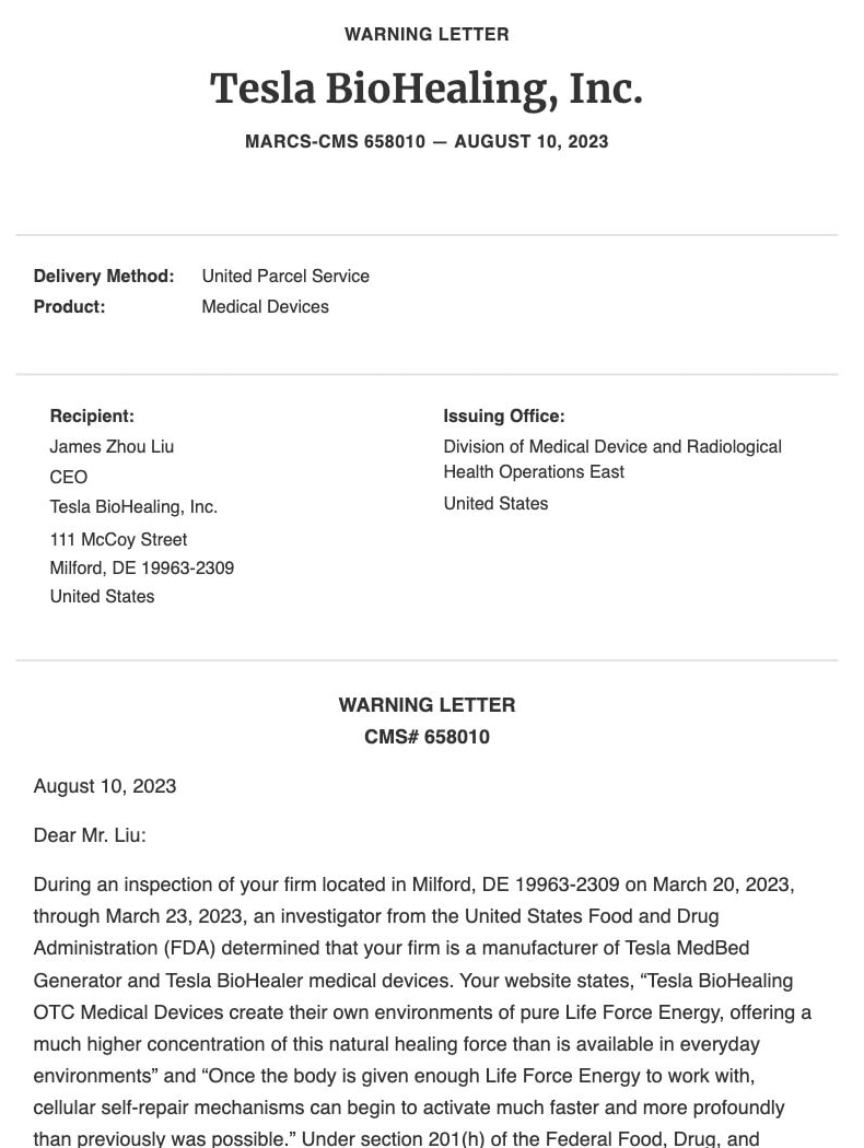 FDA webpage headed Warning Letter: Tesla BioHealing, Inc., dated August 10, 2023, identifying James Zhou Liu as the recipient and showing the opening paragraph about Tesla MedBed Generator and Tesla BioHealer devices.