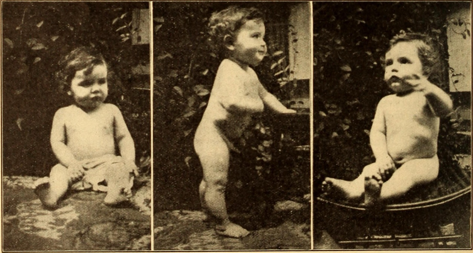 Sepia photographic illustration in three panels showing an infant seated, standing, and in a tub.