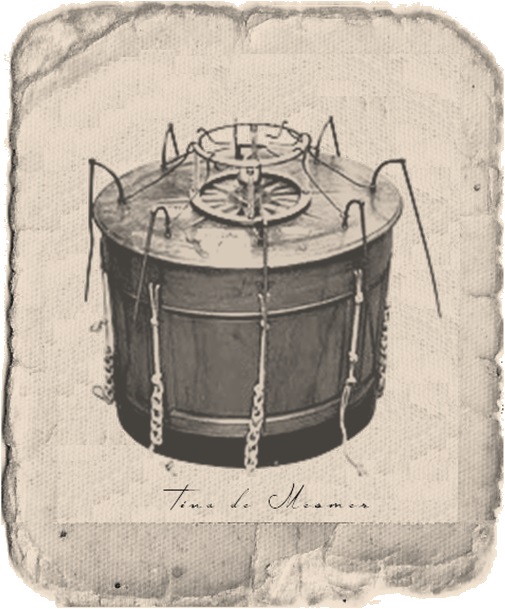 Illustration of Mesmer's baquet: a covered wooden tub with iron rods extending outward