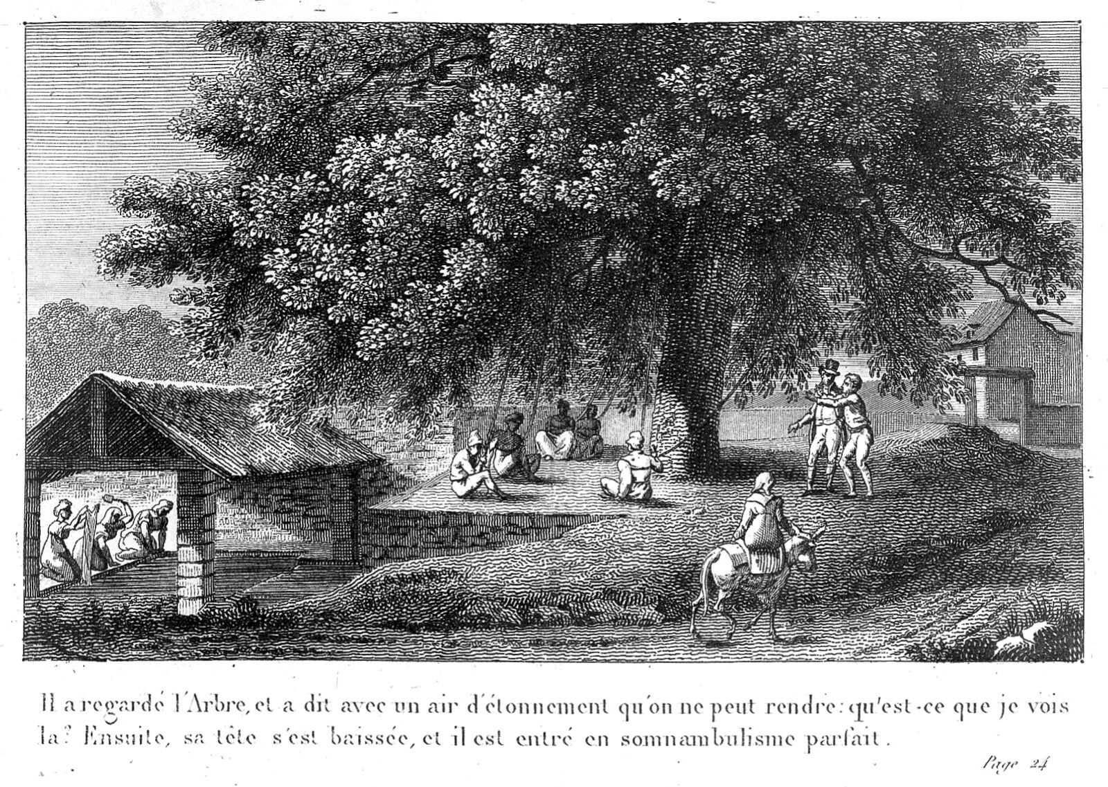Engraving of people seated and standing around a large tree on a country estate, one figure attended by others