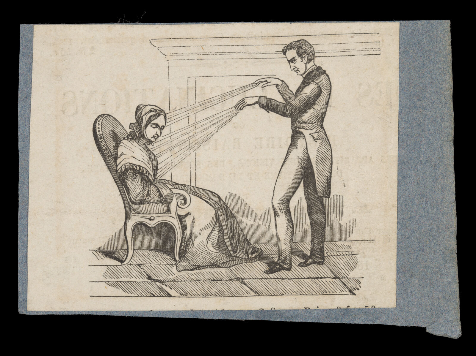 Wood engraving of a standing man extending his hands toward a seated woman, with lines radiating from his hands to her head