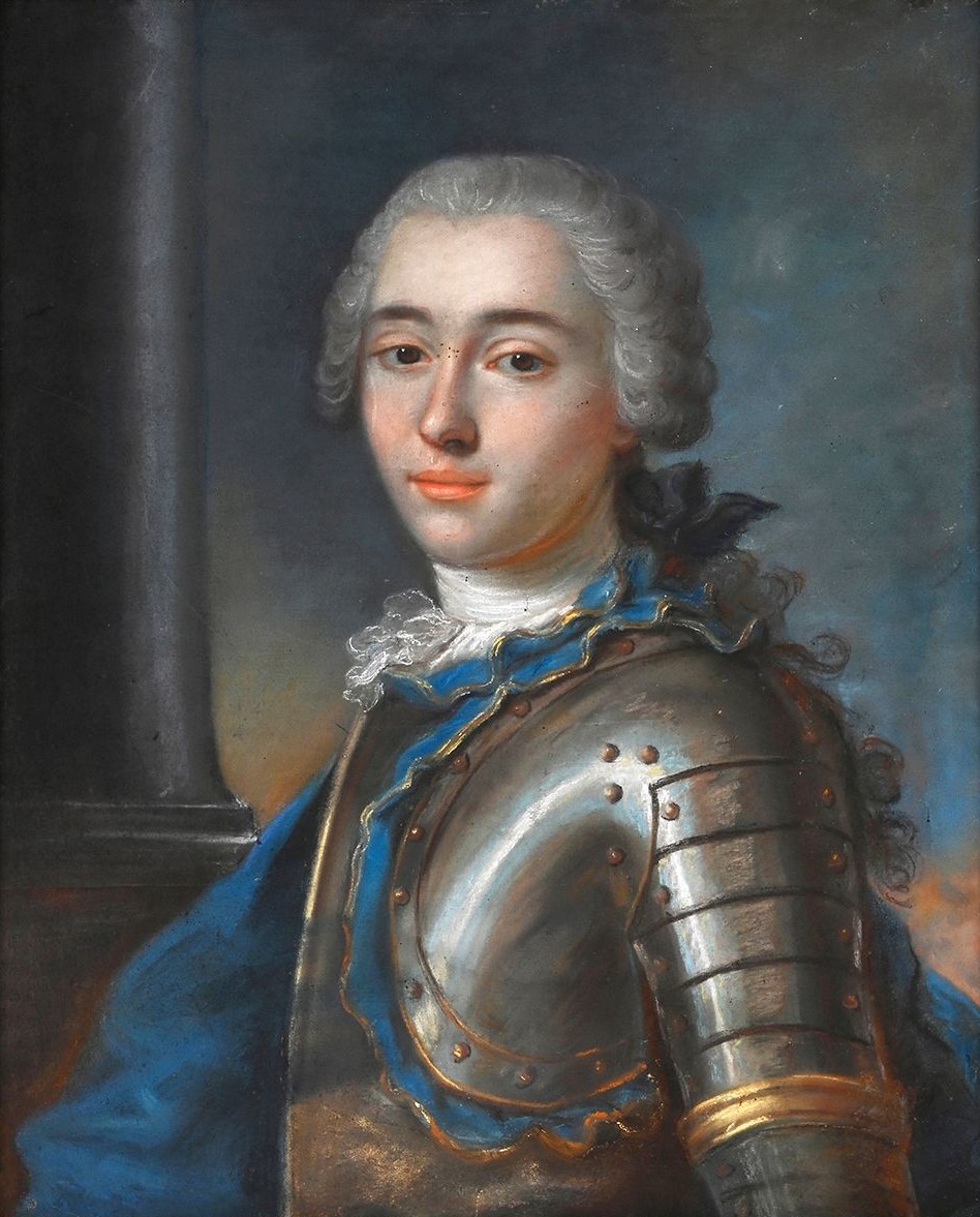 Pastel portrait of a young man in armour wearing a white wig and a blue sash