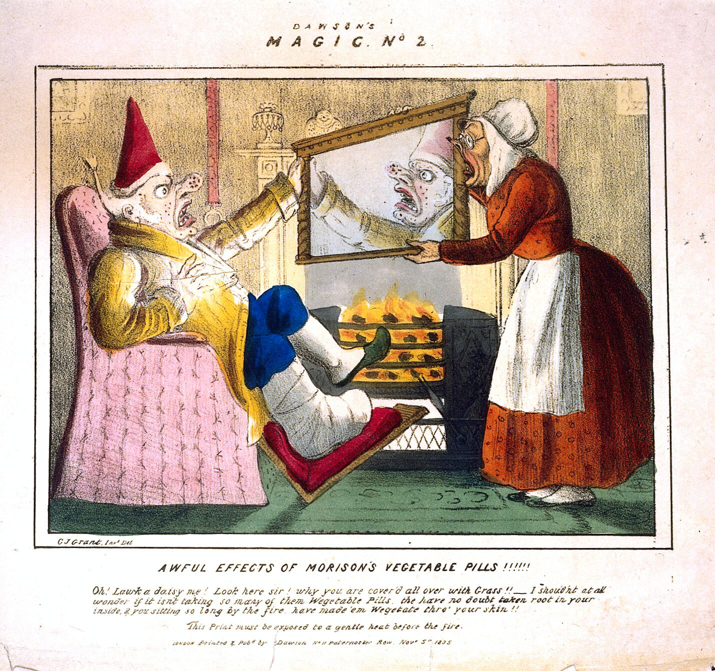 Hand-coloured satirical print: a seated man in a red cap and an alarmed woman beside a grate of glowing pills, with a contorted face in the mirror above, mocking the effects of Morison's pills