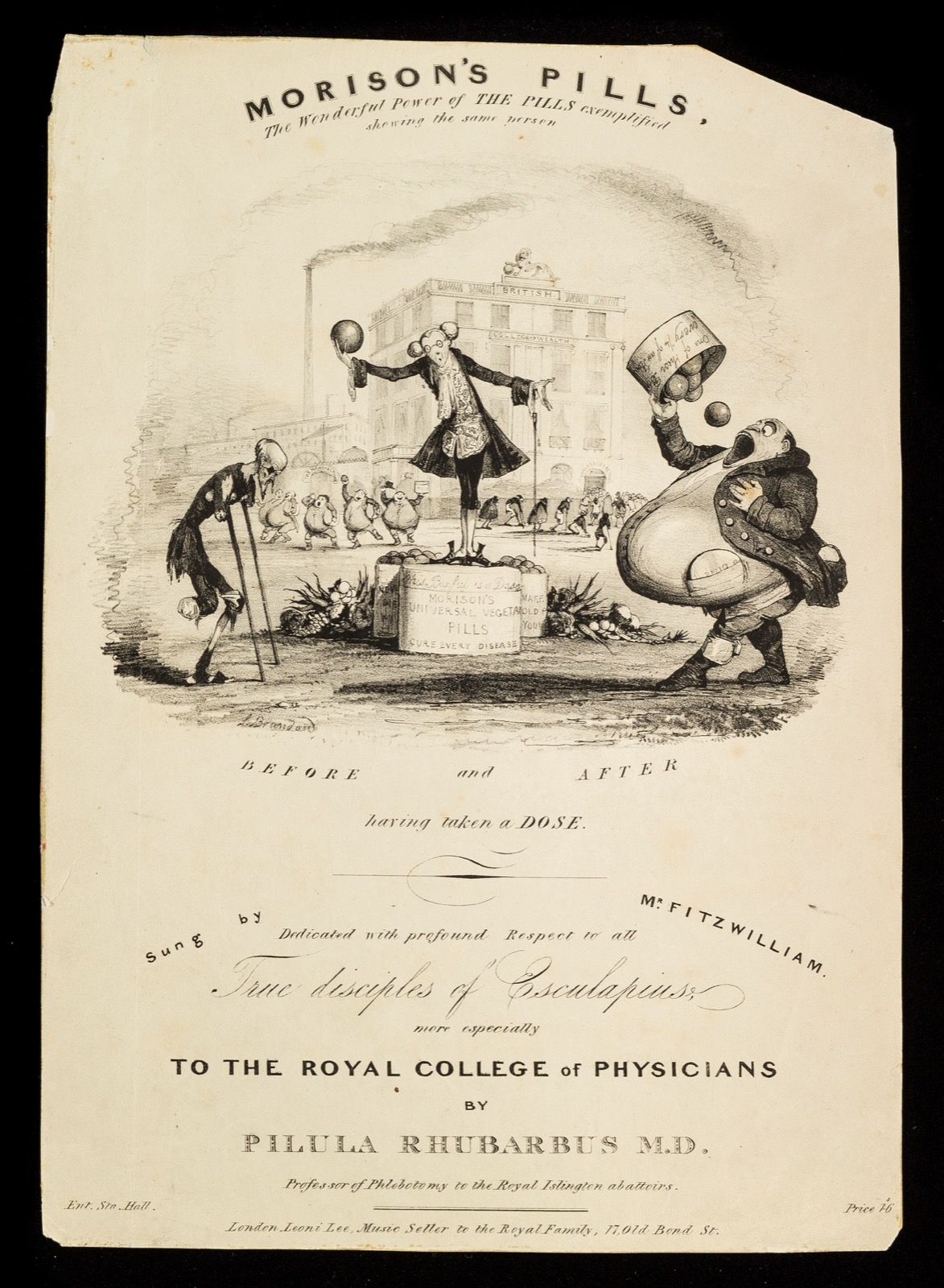 Monochrome illustrated title page with a vignette contrasting a stooped invalid on crutches and a vigorous leaping figure around a plinth labelled Morison's pills