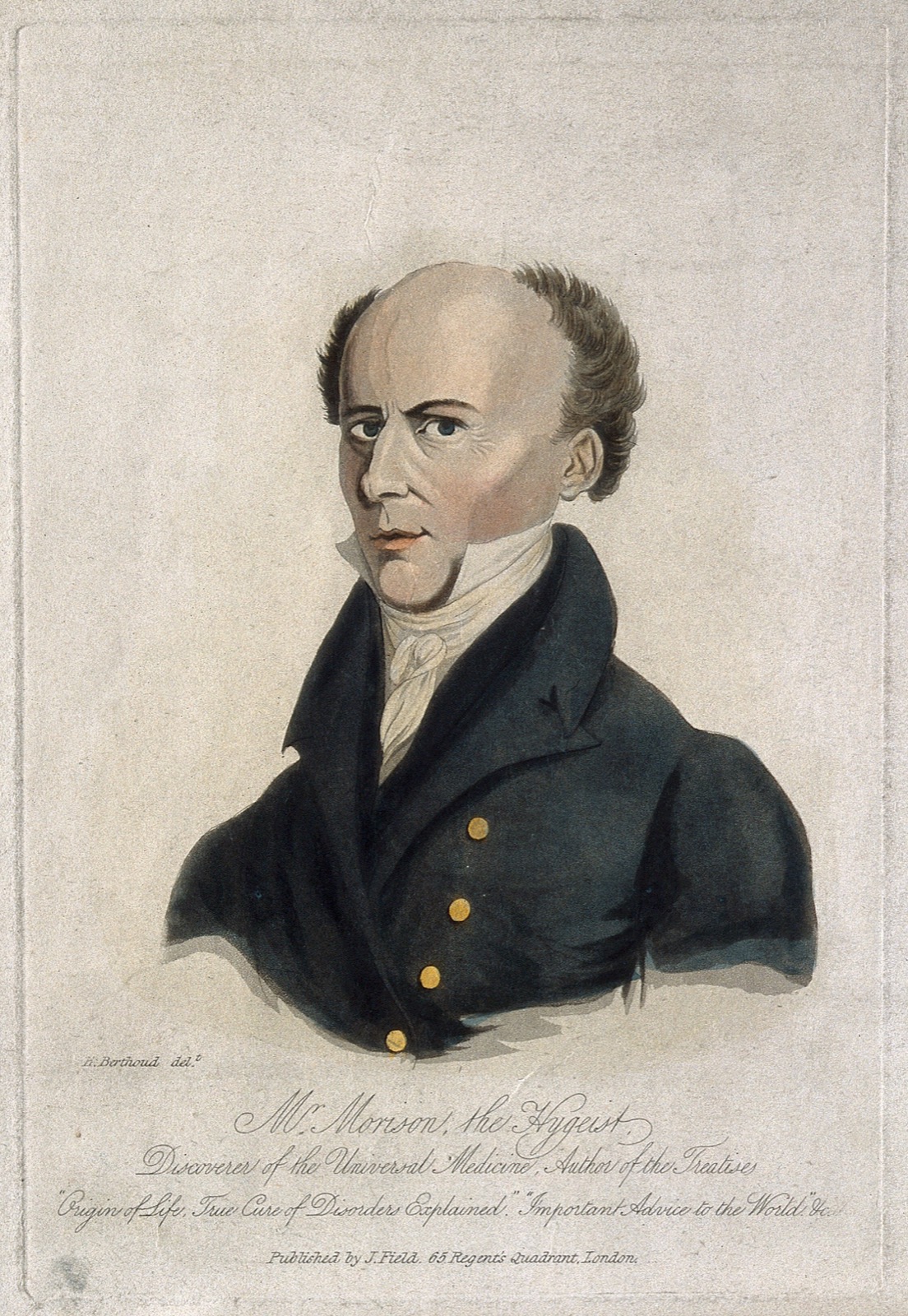 Coloured aquatint head-and-shoulders portrait of a balding middle-aged man in a dark coat with gold buttons and a white cravat