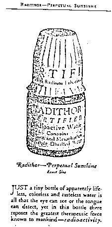 A period magazine advertisement for Radithor, promoting radioactive water as a health tonic.