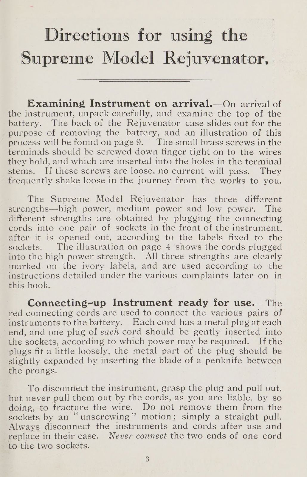 A printed page from a booklet headed 'Directions for using the Supreme Model Rejuvenator,' with several paragraphs of instructions in serif type.