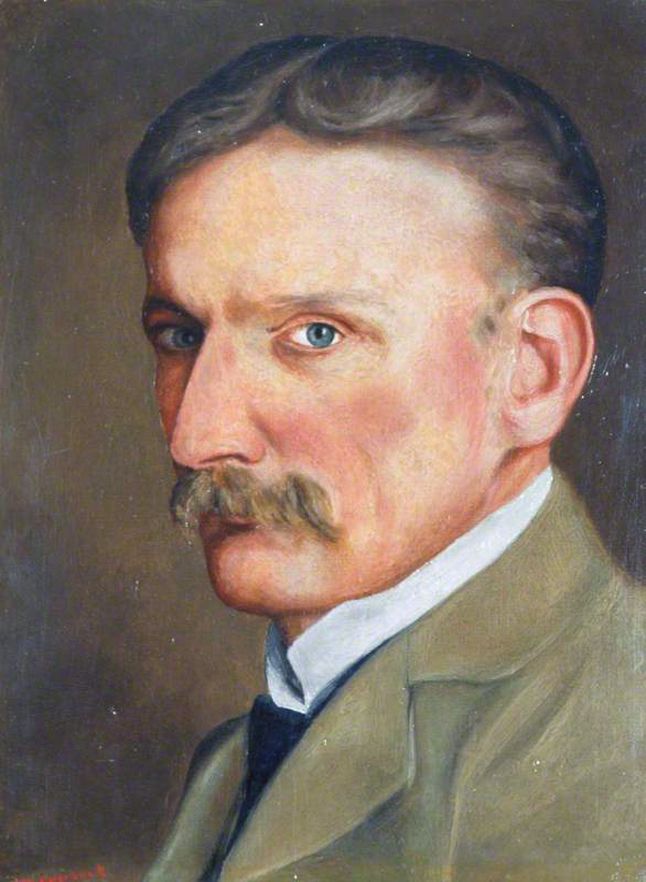 Painted head-and-shoulders self-portrait of a moustached man with dark hair parted to the side, wearing an olive jacket over a white collar and dark tie, against a plain brown background.