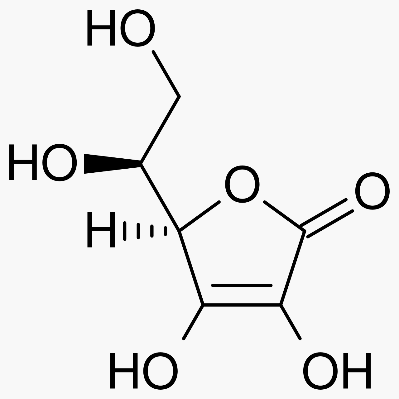 Line diagram of the chemical structure of ascorbic acid, with hydroxyl groups and a lactone ring.