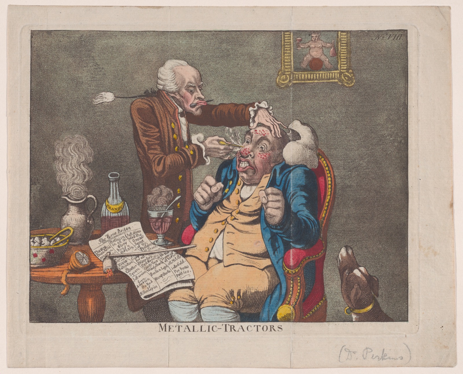 Hand-colored etching showing a physician applying metal rods to a patient's nose while a dog recoils in the background; satirical caricature of the use of Perkins's Metallic Tractors
