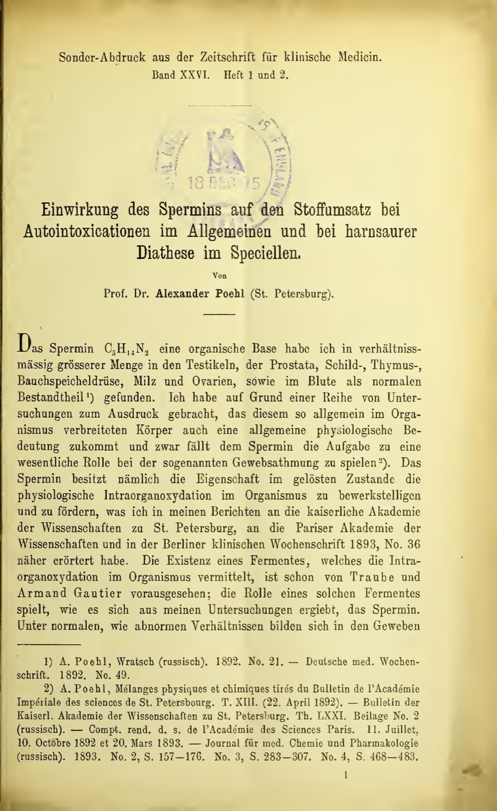 German printed title page of Poehl's 1894 article on the action of spermine on metabolism in autointoxication, with a library stamp